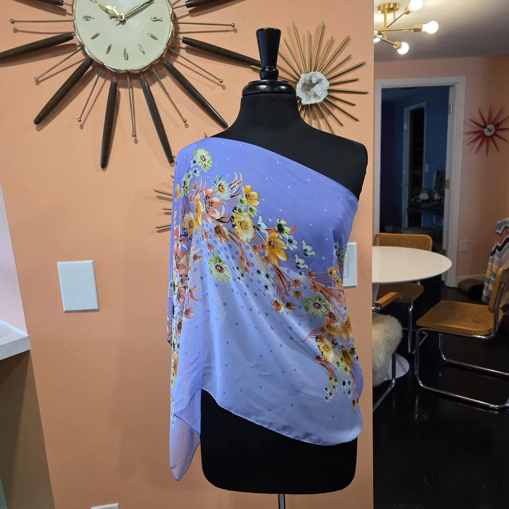 Y2K Vintage Sheer Poncho Fairycore Floral Lavender Wrap Boho Chic Feminine